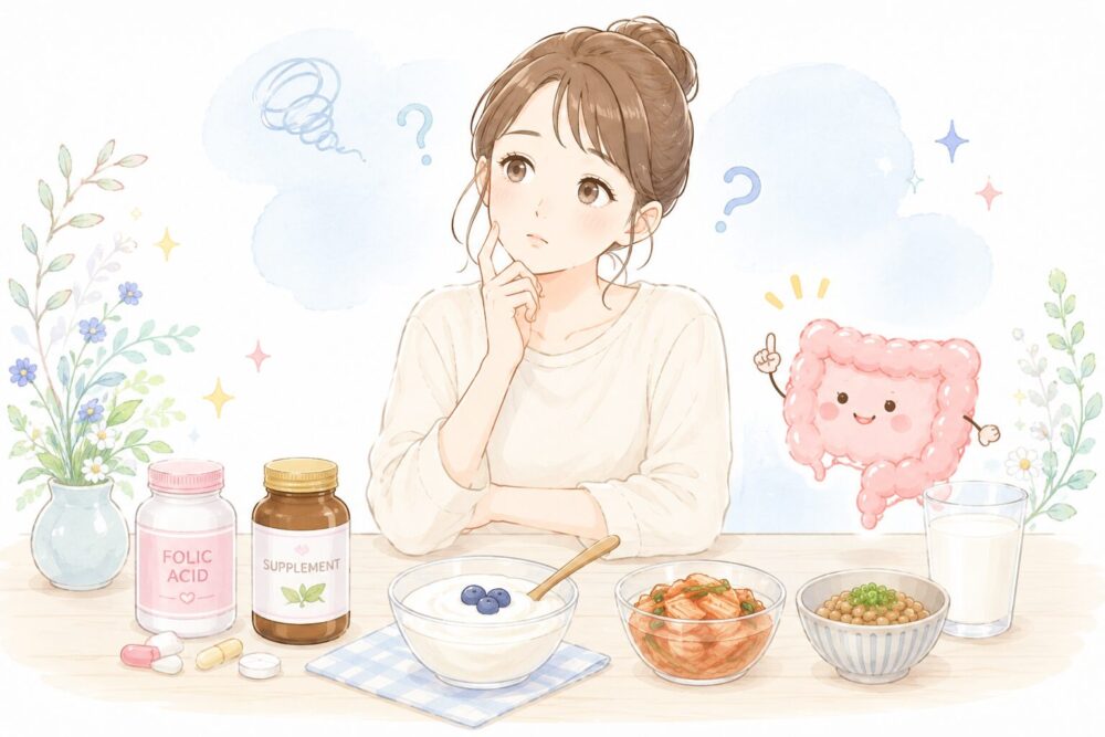 サプリやヨーグルトの効果に不安を感じて首を傾げる女性のイラスト