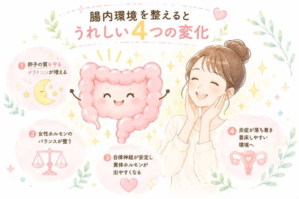 腸内環境を整えると期待できる4つの変化を説明するイラスト