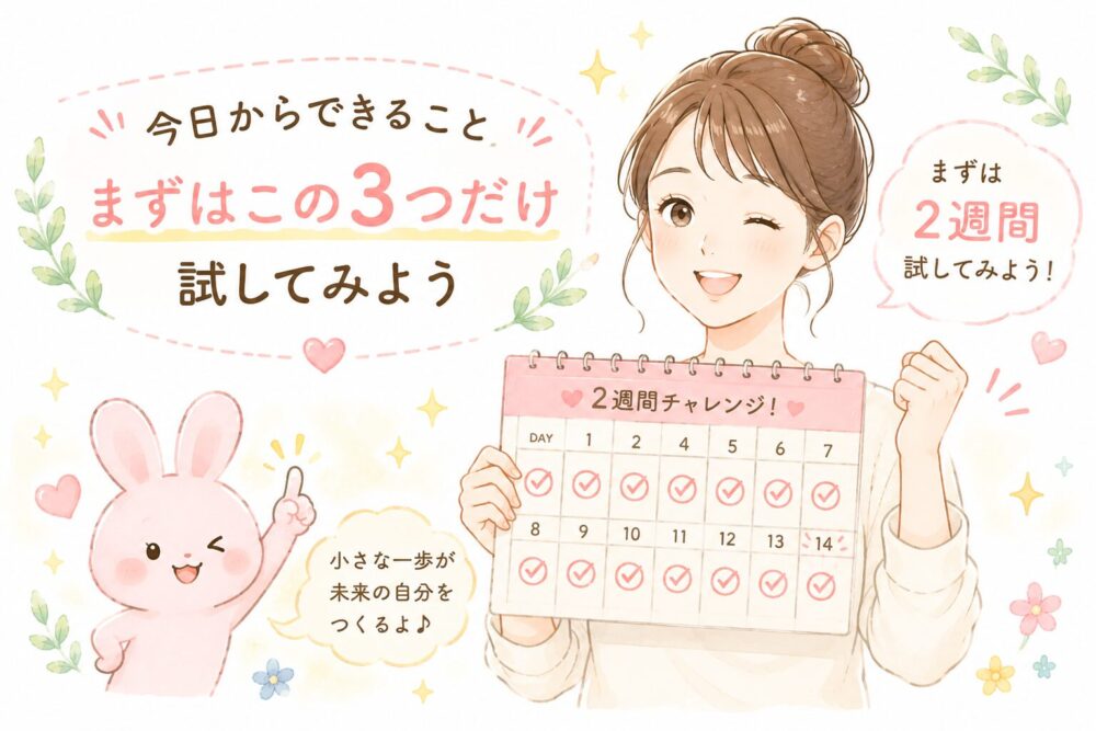 今日からできること(3つだけ試してみよう)と応援するイラスト