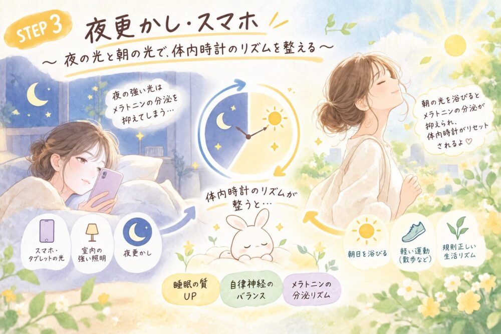 夜の光と朝の光で体内時計のリズムを整えることを示すイラスト