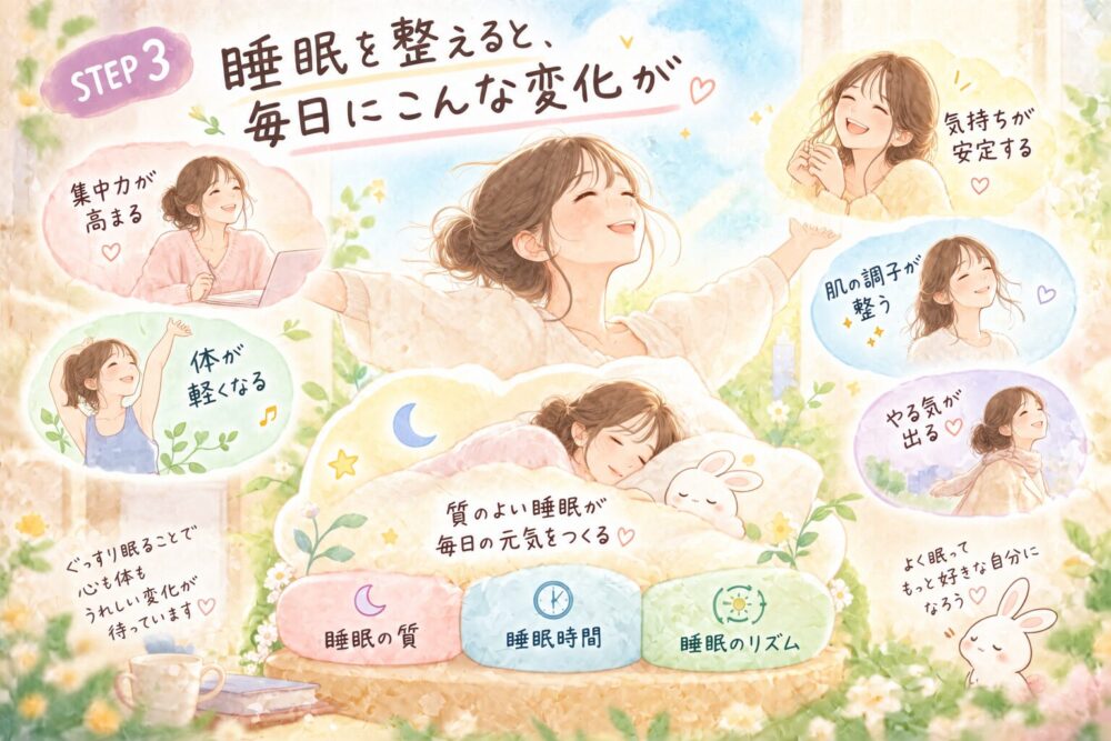 睡眠を整えることと毎日の変化をあらわすイラスト