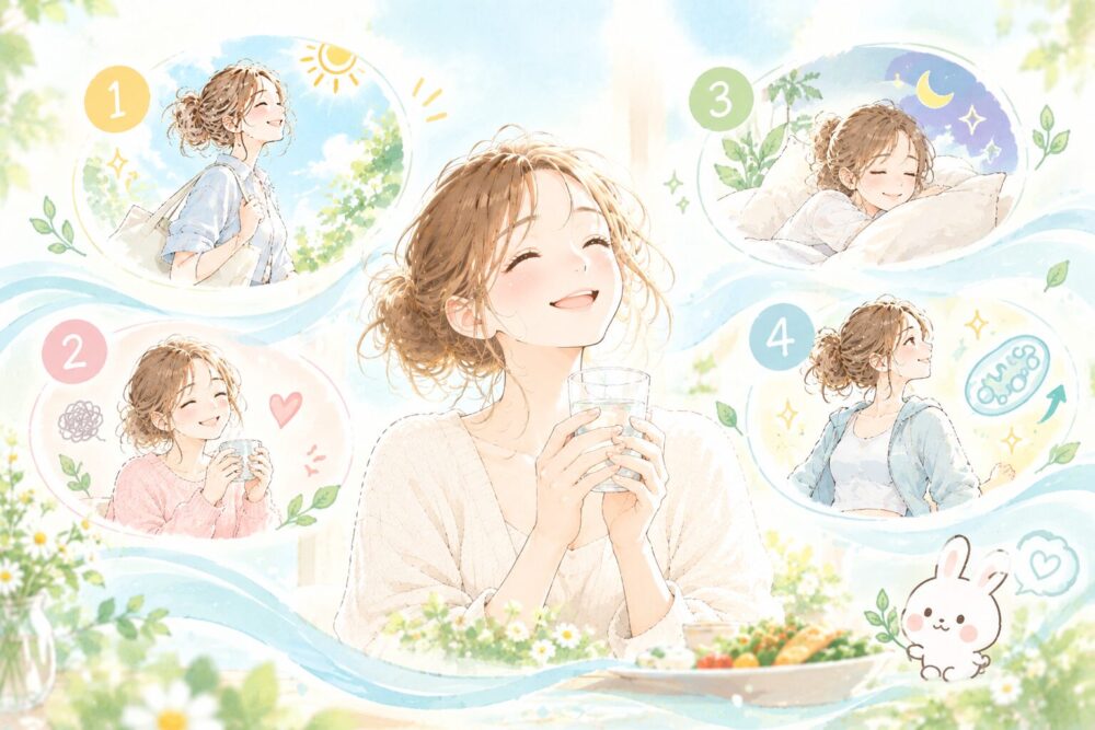 血糖値が安定すると叶う4つの嬉しい変化のイメージイラスト