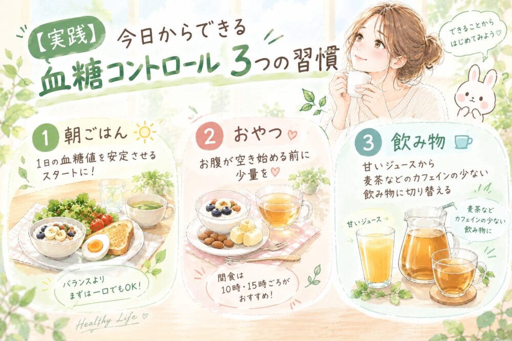 今日からできる血糖コントロール3つの習慣のイメージ図