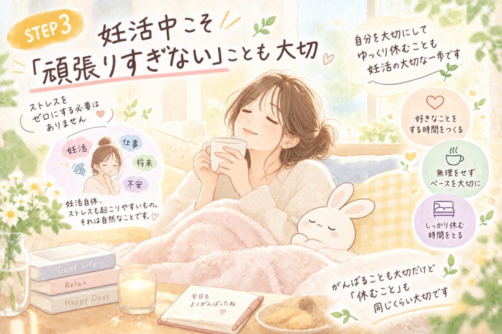 妊活中こそ頑張りすぎないことが大切なことを説明するイラスト