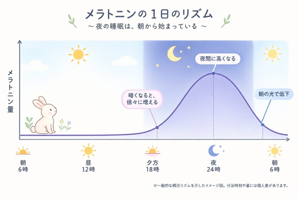 メラトニンの1日のリズムを説明するイラスト（夜の睡眠は朝から始まっている）