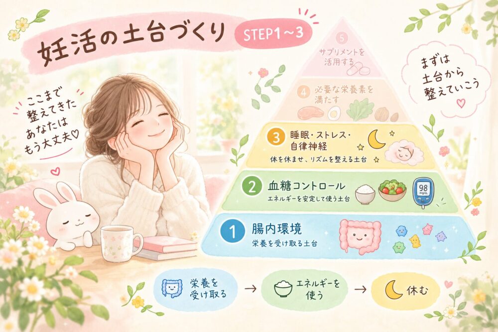 これまで整えてきた妊活の土台づくり（腸内環境・血糖コントロール・睡眠ストレス自律神経）について説明するイラスト